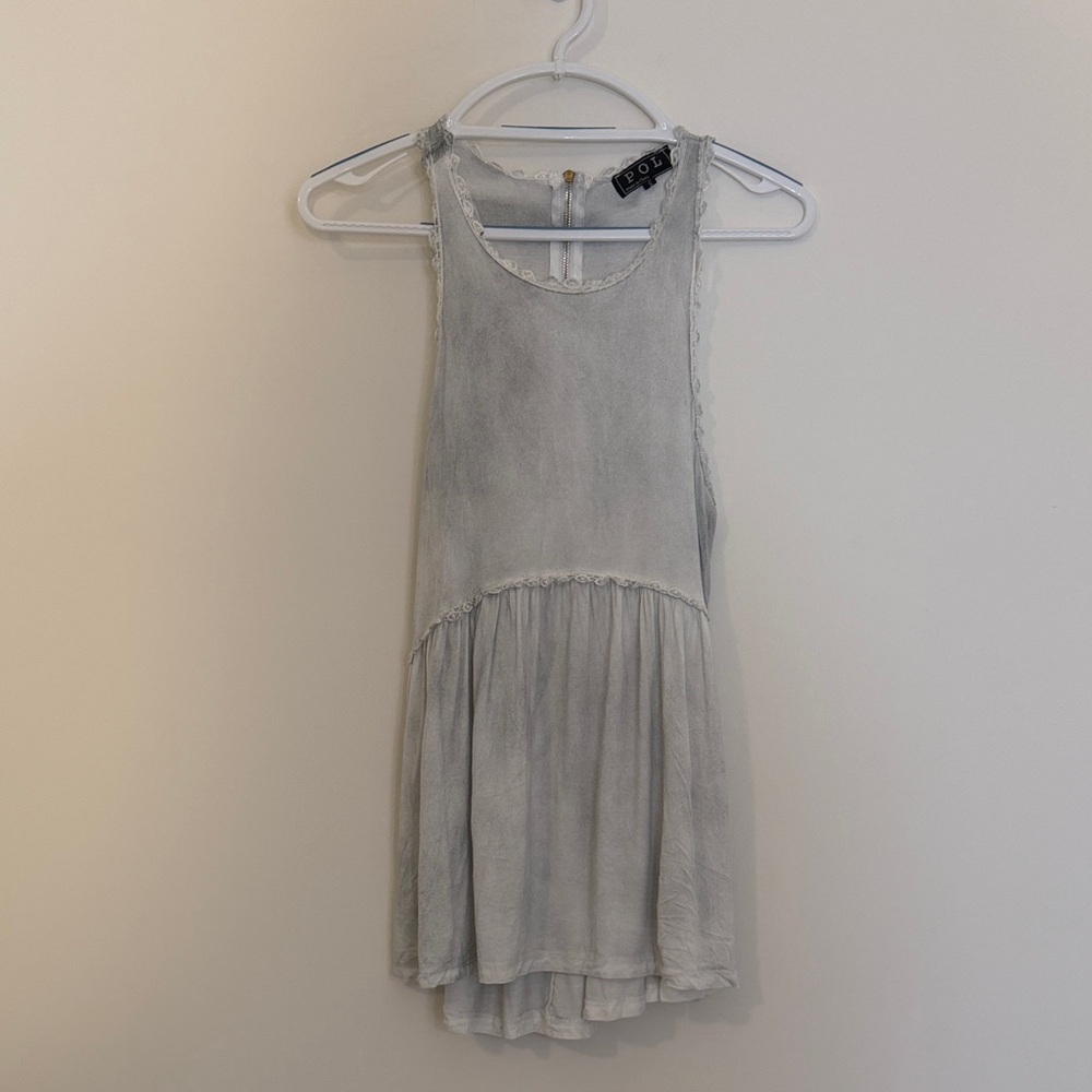 POL Grey Acid Wash Crochet Trim Babydoll Tank Top Size Small